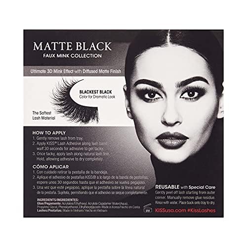 KISS Lash Couture False Eyelashes, Matte Black Faux Mink Collection, 3D Volume Lash, Soft & Matte Finish, Style 'Matte Velvet', 1 Pair Fake Eyelashes