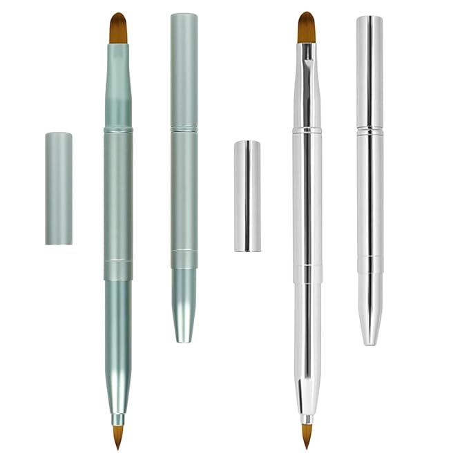 Pack of 2 Lip Brush for Lipstick, Retractable Lip Brushes, Lipstick Liner Brush Retractable with Cap, Dual-ended Foundation Makeup Brush Tool For Women (Silver and Green)