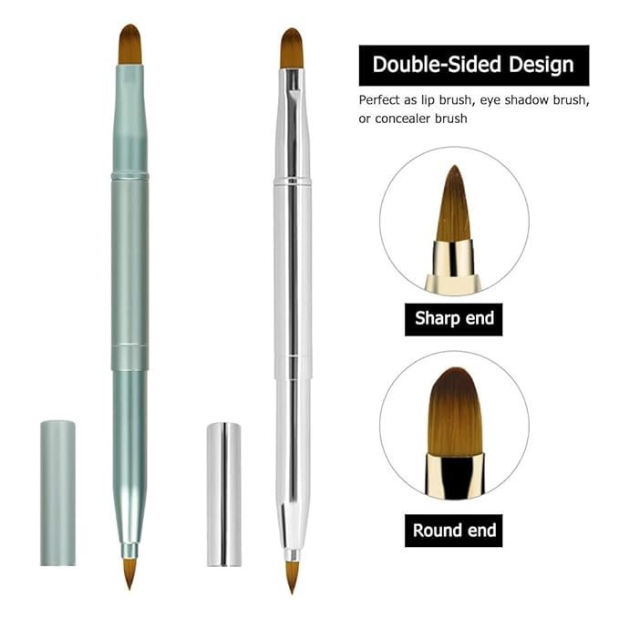 Pack of 2 Lip Brush for Lipstick, Retractable Lip Brushes, Lipstick Liner Brush Retractable with Cap, Dual-ended Foundation Makeup Brush Tool For Women (Silver and Green)