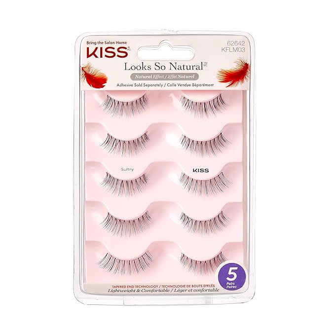 KISS Looks So Natural, False Eyelashes, 'Sultry', 12 mm, Includes 5 Pairs Of Lashes, Contact Lens Friendly, Easy to Apply, Reusable Strip Lashes, Glue-On