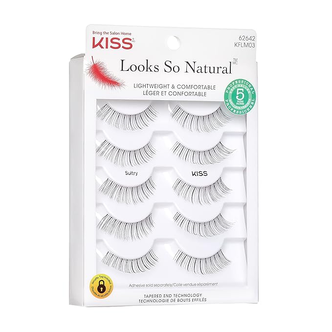KISS Looks So Natural, False Eyelashes, 'Sultry', 12 mm, Includes 5 Pairs Of Lashes, Contact Lens Friendly, Easy to Apply, Reusable Strip Lashes, Glue-On