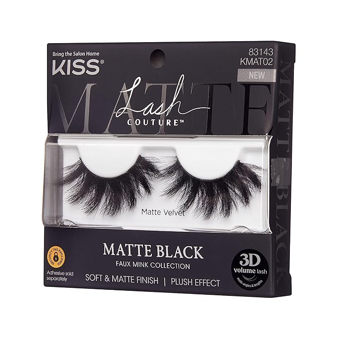 KISS Lash Couture False Eyelashes, Matte Black Faux Mink Collection, 3D Volume Lash, Soft & Matte Finish, Style 'Matte Velvet', 1 Pair Fake Eyelashes