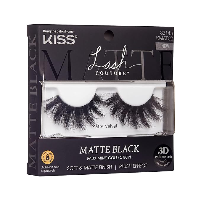 KISS Lash Couture False Eyelashes, Matte Black Faux Mink Collection, 3D Volume Lash, Soft & Matte Finish, Style 'Matte Velvet', 1 Pair Fake Eyelashes