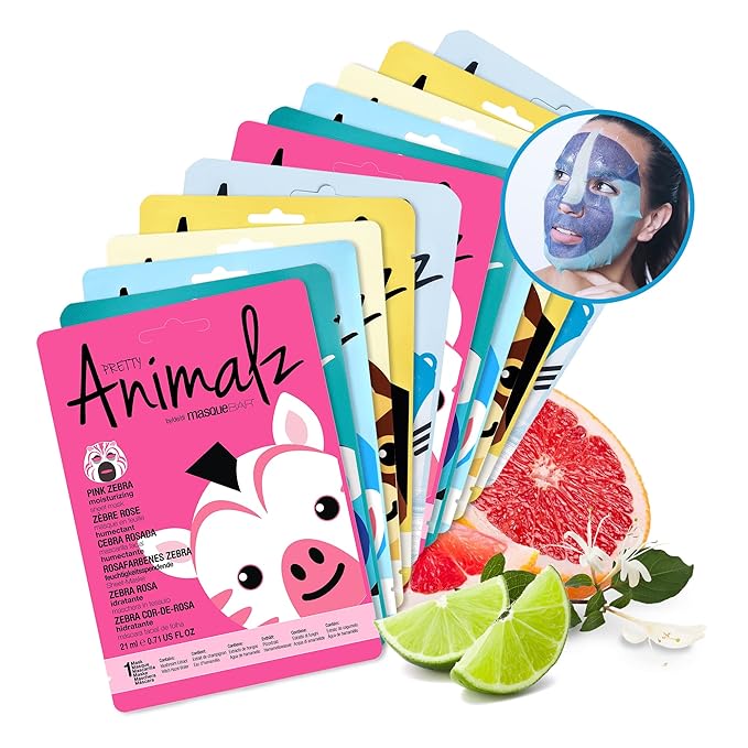 masque BAR Pretty Animalz Facial Sheet Masks, Fun & Unique Skincare Face Mask with Animal Character Prints, Hydrating & Soothing Korean Facial Mask, Nourishing & Exfoliating Skin Care, Pack of 12