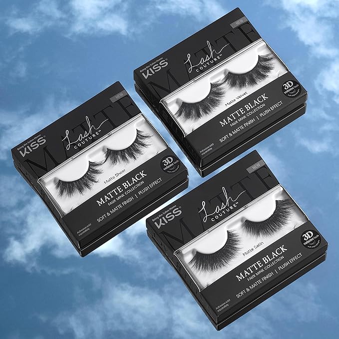 KISS Lash Couture False Eyelashes, Matte Black Faux Mink Collection, 3D Volume Lash, Soft & Matte Finish, Style 'Matte Velvet', 1 Pair Fake Eyelashes