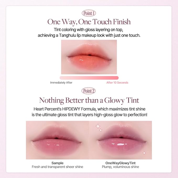 Heart Percent Dote On Mood One Way Glowy Tint, Glass-like High Shine Glossy Finish w/Long-Lasting Luminous Color Lip Stain for Glowy Look, #05. Rosy Bomb