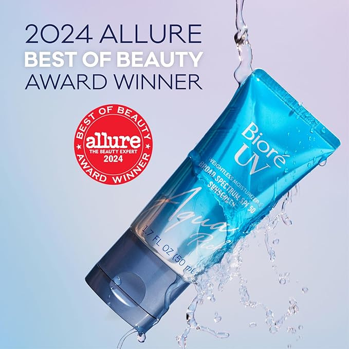 Bioré UV Aqua Rich Daily Hydrating Facial Moisturizer with SPF 50 | Oil Free Sunscreen & Primer for Makeup with Hyaluronic Acid, No White Cast, Non-Comedogenic, For Sensitive Skin, PA++++, 1.7 Oz
