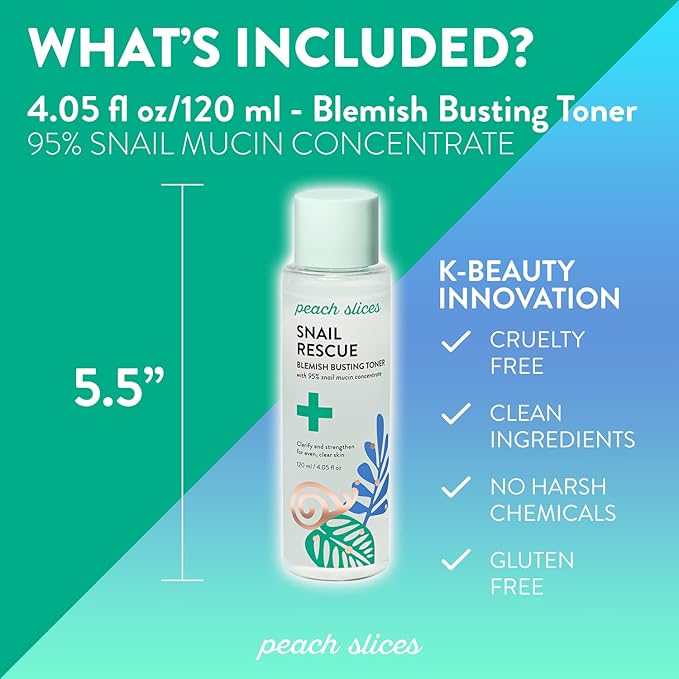 Peach Slices | Snail Rescue Blemish Busting Toner | 95% Snail Mucin | Pore Cleaner | Hydrates & Balances | Korean Skin Care | CICA | Hyaluronic Acid | Non-Comedogenic | Cruelty-Free | 4.05 oz