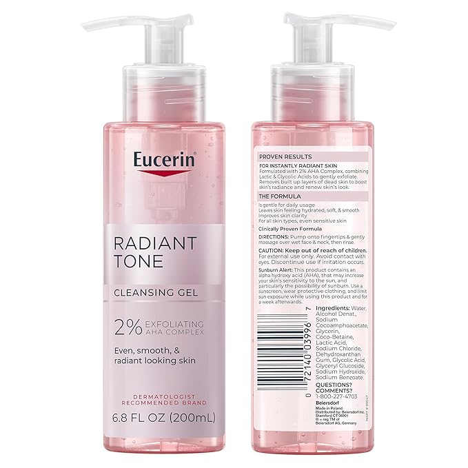 Eucerin Radiant Tone Cleansing Gel with AHA Complex, Face Cleanser Improves Skin Clarity and Boosts Radiance for All Skin Types, 6.8 Fl Oz Bottle