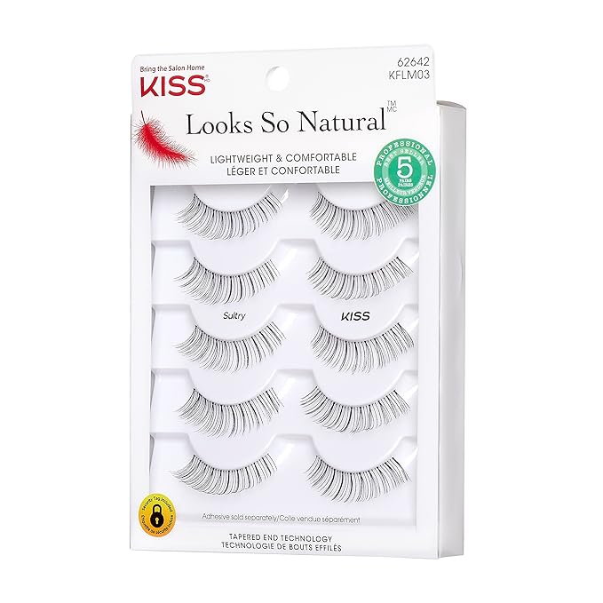 KISS Looks So Natural, False Eyelashes, 'Sultry', 12 mm, Includes 5 Pairs Of Lashes, Contact Lens Friendly, Easy to Apply, Reusable Strip Lashes, Glue-On